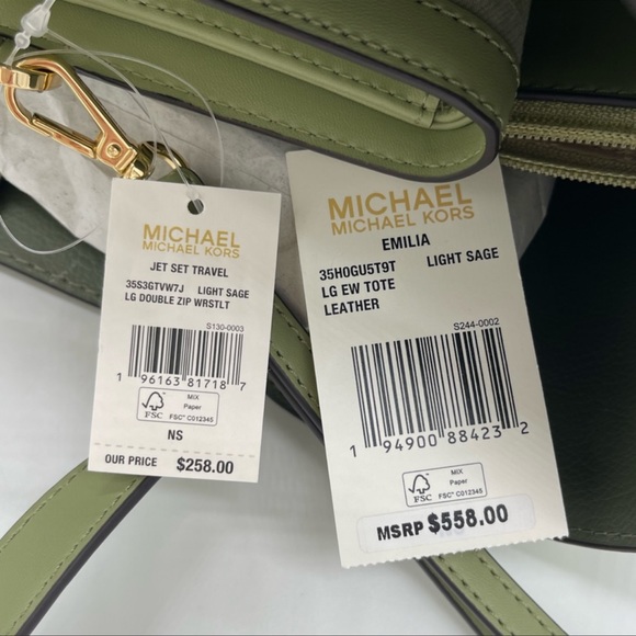 Michael Kors Large Emilia Tote Bag& Double ZipWallet Wristlet Light Sage Leather - Picture 13 of 13